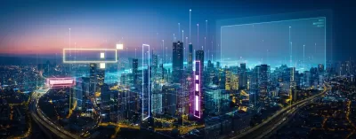 Visualization of data on dark city skyline.