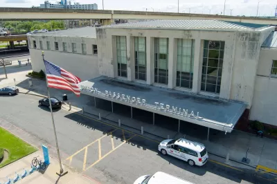 Aerial view of Union Station train terminal front entrance in New Orleans, Louisiana.