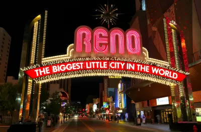 Neon "RENO: Biggest little city in the world" arch sign in downtown Reno, Nevada