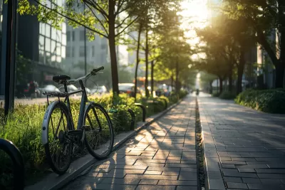 Bike parked on urban sidewalk with large street trees.
