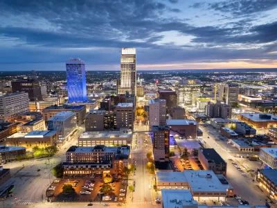 Omaha, Nebraska skyline at dusk.