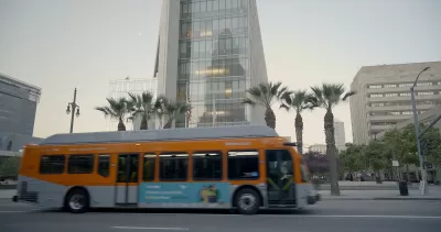 Los Angeles transit bus passing in front of LAPD headquarters in downtown Los Angeles.