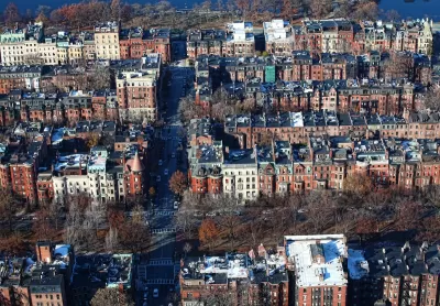 Aerial view of dense residential neighborhood in Back Bay, Boston, Massachusetts.