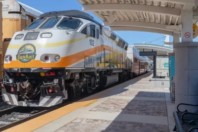 SunRail passenger train at platform in Poinciana, Florida.