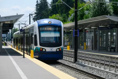White Sound Transit Link light rail train at station in Bellevue, Washington.