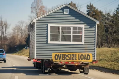 Grey mobile home with yellow "Oversize Load" sign being towed on road.