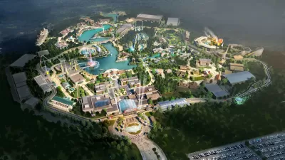 An aerial rendering of a sprawling and extravagant theme park.