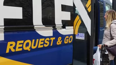 Blue FLEX bus with "Request & Go" text on side, woman rider boarding