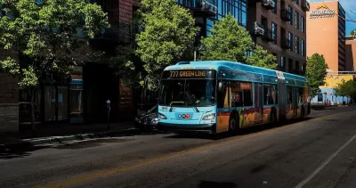 Blue bus in downtown Albuquerque, New Mexico.