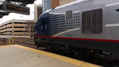 An Amtrak train waits at the Uptown Station in Normal, Illinois on its way from Chicago to St. Louis.