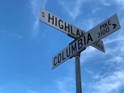 Street signs at the intersection of Columbia Pike and Highland in Arlington, Virginia.