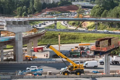 Wide shot of bridge overpasses under construction at the intersection of GA 400 and I-285 on July 22, 2019 in Atlanta, GA.