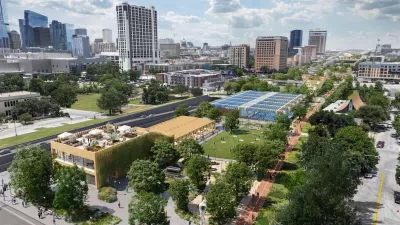 Rendering of Interstate 35 cap park over sunken freeway in Austin, Texas.