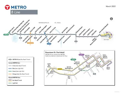 A system map of the B Line shows the route and stops where the bus rapid transit route cuts across Minneapolis and St. Paul, Minnesota.