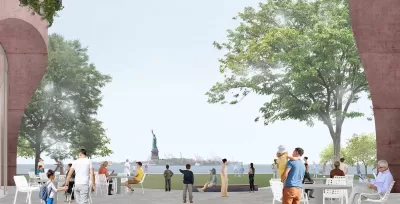 Rendering of pedestrian promenade in Battery Park City with Statue of Liberty visible in background.
