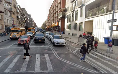 Google street view of Bedford Avenue in Brooklyn with pedestrians crossing a crosswalk and cyclist in the bike lane.
