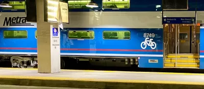 Blue Metra train bike car.