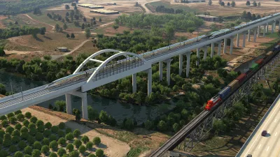 Rendering of California high-speed rail train passing over an elevated viaduct.
