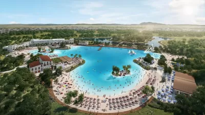 Rendering of large 'lagoon' pool in California Forever planned development. 