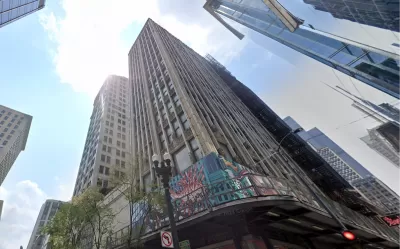 Google street view looking up at historic Chicago skyscrapers.