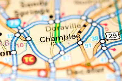 A map depicting the location of Chamblee, Georgia as well as surrounding cities and roads. 