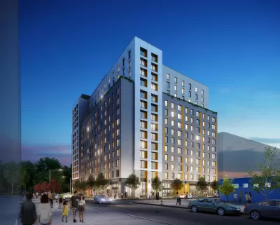 Rendering of 14-story Chestnut Commons building at twilight