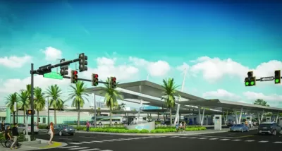 A conceptual rendering of a large bus and transit hub in Clearwater, Florida.
