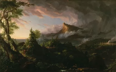 Pastoral landscape painting by Thomas Cole depicting pre-colonized idyllic scene