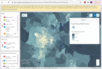 A map showing a heat map that represents commute times in an urban area.