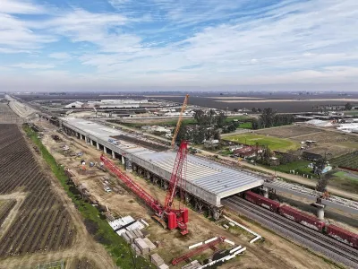 Aerial view of viaduct under construction for California High-Speed Rail.