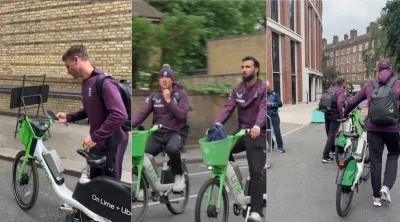 Collage of three photos of Team England cricket players taking green Lime bike share bikes to a game.