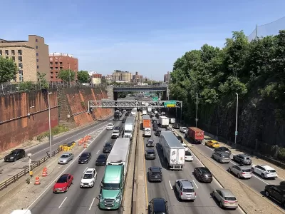 View from overpass of traffic on Cross Bronx Expressway in New York City.