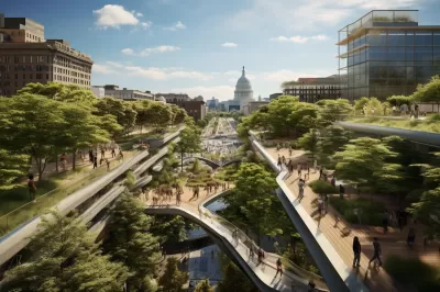 A futuristic reimagining of a D.C. street with green pathways and open waterways instead of car-filled streets.
