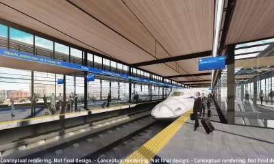 Rendering of Texas Central high-speed rail train stopped at covered platform in Dallas, Texas