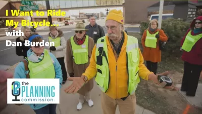 Graphic for The Planning Commission Podcast episode with photo of Dan Burden in safety vest speaking to crowd.