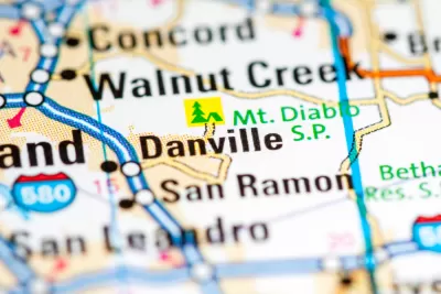 A map highlighting Danville, California, a city located along Interstate 680 in the East Bay Area.