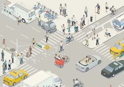 Graphic of busy city intersection with crosswalk, cars, people, and bike share station.