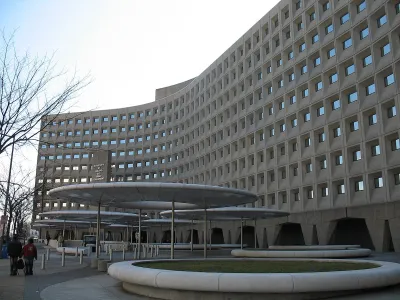 Brutalist grey department of housing and urban development building in Washington DC.