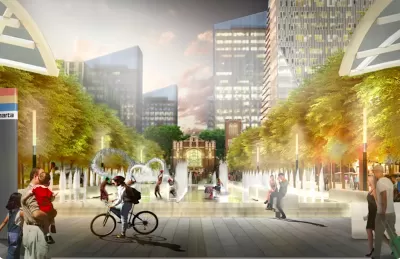 Rendering of pedestrians and cyclists in Hospital Square surrounded by buildings and trees