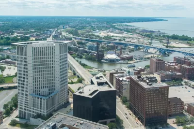 A view of Downtown Cleveland and the Cuyahoga River as pictured from a downtown high-rise building.