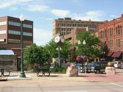 Square in downtown Sioux Falls, South Dakota with decorative clock.