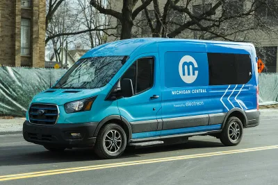 Blue test van for EV charging roadway project in Detroit, Michigan.