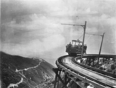 Black and white photo of Mount Lowe Railway train in 1893, Angeles National Forest