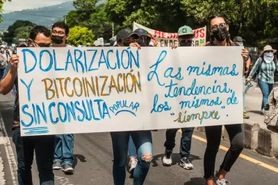 San Salvador, El Salvador - September 15th, 2021: Protesters walk in the streets of the city against the bitcoin policies of current president Nayib Bukele.