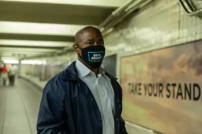 New York City Politicians wears a mask at a New York subway station during the COVID-19 pandemic.