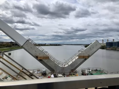 A piece of the Frederick Douglass Memorial Bridge while under construction.