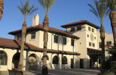 Historic red tile roofed train depot in Fresno, California.