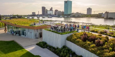 View of pavilion rooftop on Toledo riverfront.