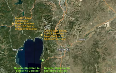 Satellite map of Lake Tahoe area indicating upcoming bikeway projects