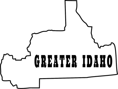 A hypothetical map of the state of Idaho, expanded by annexing a large portion fo Oregon. The map is emblazoned with the words “Greater Idaho.”